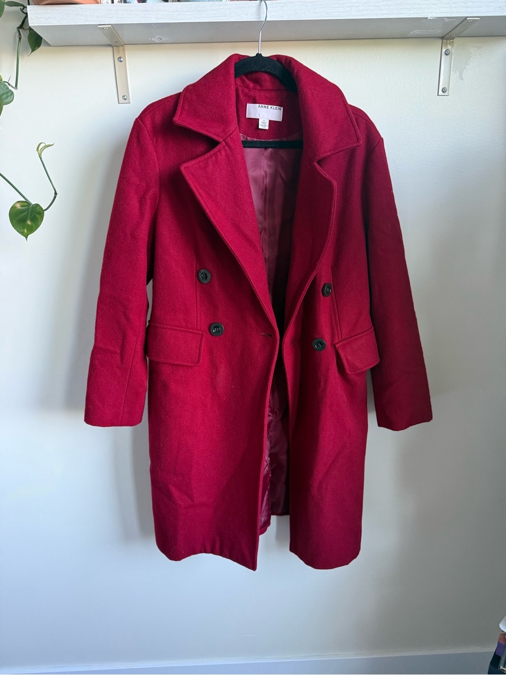 Anne Klein Crimson Red Double-Breasted Wool-Blend Pea Coat